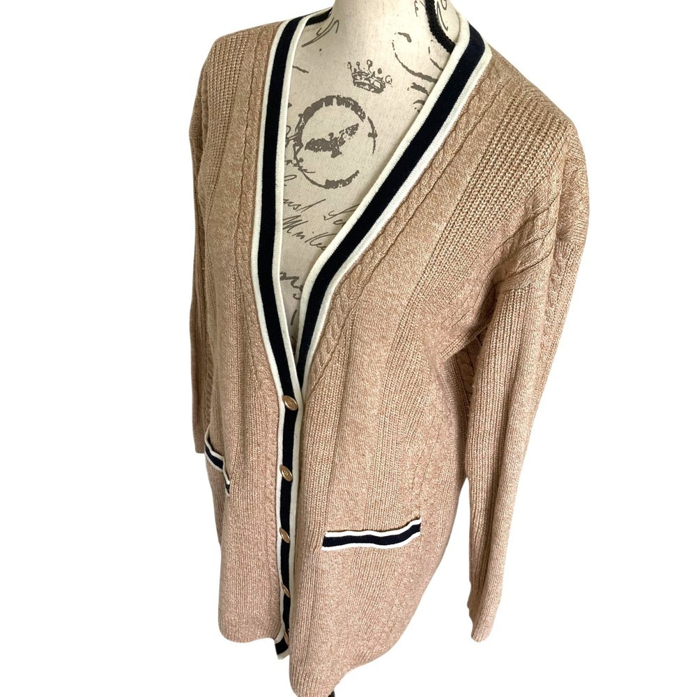 Talbots Cable Knit long Cardigan Sweater Size M Button down Cotton Preppy Tipped - Picture 6 of 17